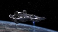 Ein Raumschiff der Daniel Jackson-Klasse schwebt über der Erde.